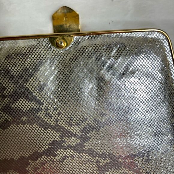 Sondra Roberts gold metallic faux snake skin box clutch with shoulder st… - Picture 9 of 9